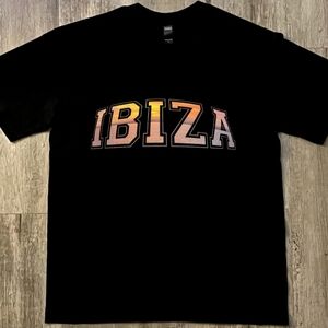 IBIZA Black Graphic Tee with Sunset Gradient Lettering, unisex large, cotton